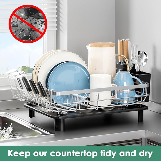 MOUKABAL Dish Drying Rack, Dish Rack, Stainless Steel Dish Racks for Kitchen Counter, Dish Drainer with Removable Utensil Holder, Drainboard (Black,Stainless Steel,13''W x 17''L)