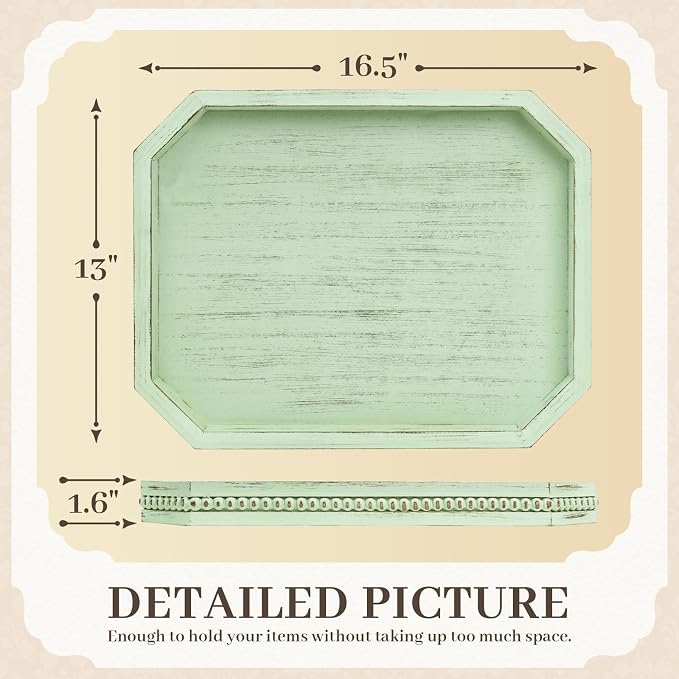 Wooden Decorative Tray, Rustic Sage Serving Tray with Wood Bead, Coffee Tabl, 16.5" x 13"x 1.6" (Sage Green)