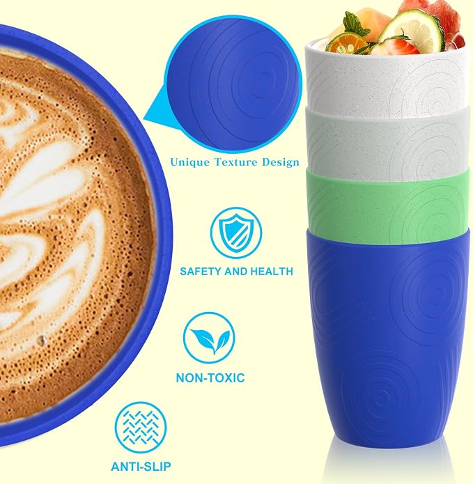 Homienly Drinking Glasses & Everyday Kids Tumblers Wheat Straw Cups 4-Pack Set | Textured Reusable Plastic Cups Essential Kitchen Cups | Dishwasher Safe for Party, Home, Camping (12 oz, Island Color)