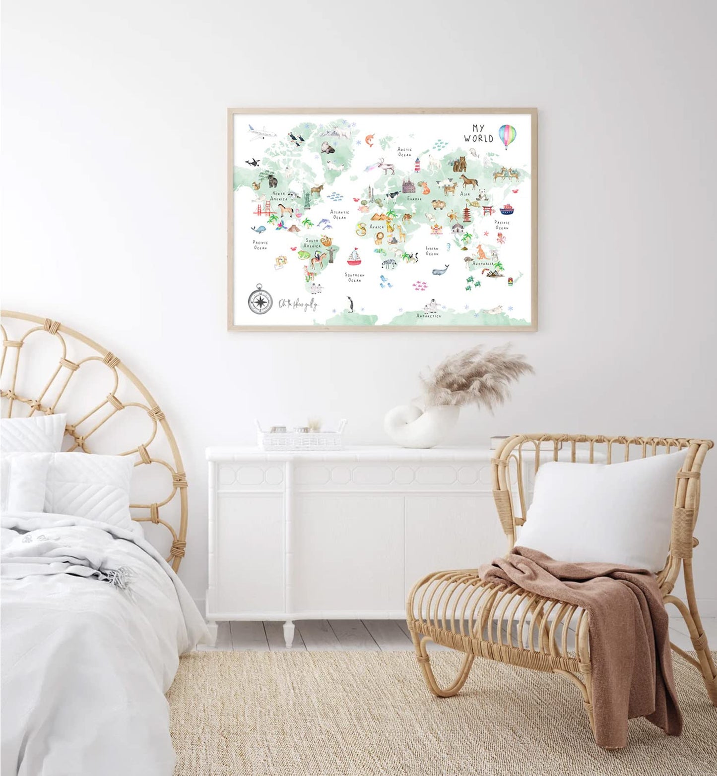 Joocrise Green Kids World Map Wall Art Animal Map Canvas Wall Art Nursery Wall Decor World Map Poster Childrens Room Decor Playroom Prints Educational Artwork 16x24 Inch Unframed