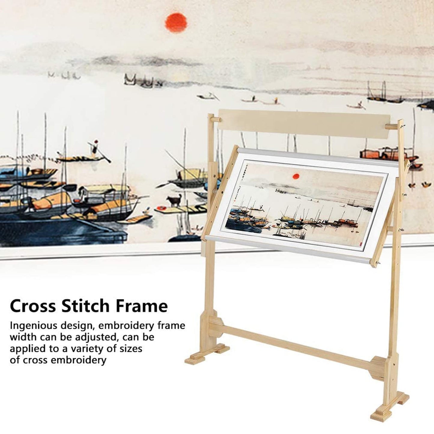 Adjustable Embroidery Stand, Wooden Frame Cross Stitch Floor Stand 360° Rotated Needlework Stand Holder Lap Table Craft Sewing Tool with Scroll Frame