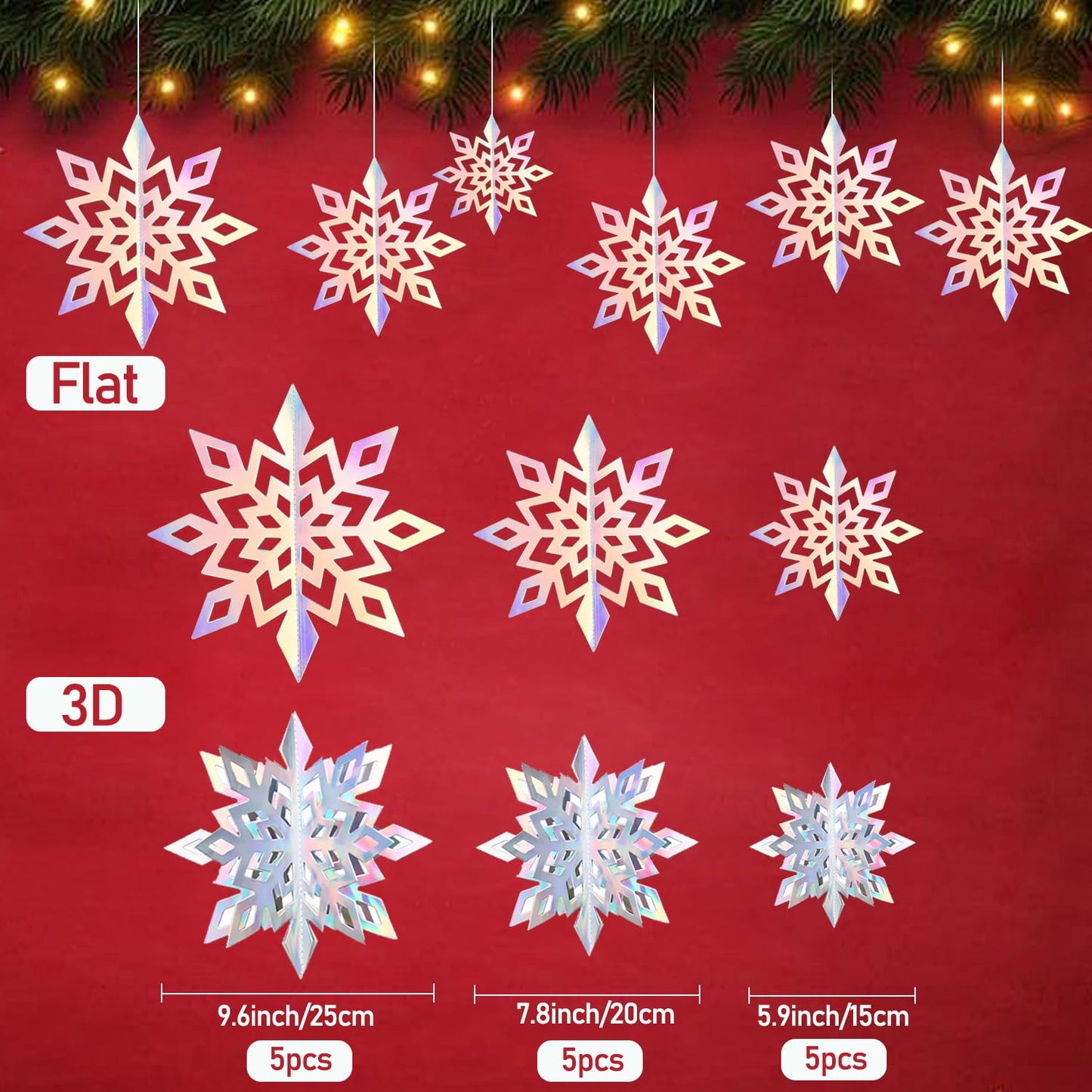 YsesoAi Winter Christmas Hanging Snowflake Decorations 15Pcs, 3D Iridescent Paper Snowflakes Rainbow Snow Flakes Garland for Winter Wonderland Holiday Frozen Christmas Birthday Party Home Decorations