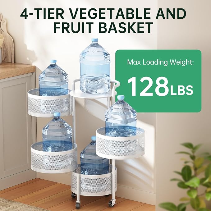 JAQ No Assembly Kitchen Storage Cart with Wheels, 4-Tier Rotating Onion & Potato Storage Organizer, Metal Produce Rack for Vegetable, Fruit and Pantry Storage, White