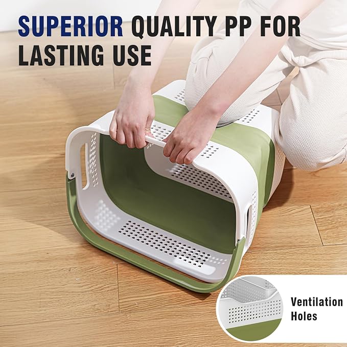 TECHMILLY Collapsible Plastic Laundry Basket Hamper with Handles, 35L Portable Rubber Clothes Basket, Pop Up Storage Container/Organizer with Hanging basket for Washing & Storage, Green