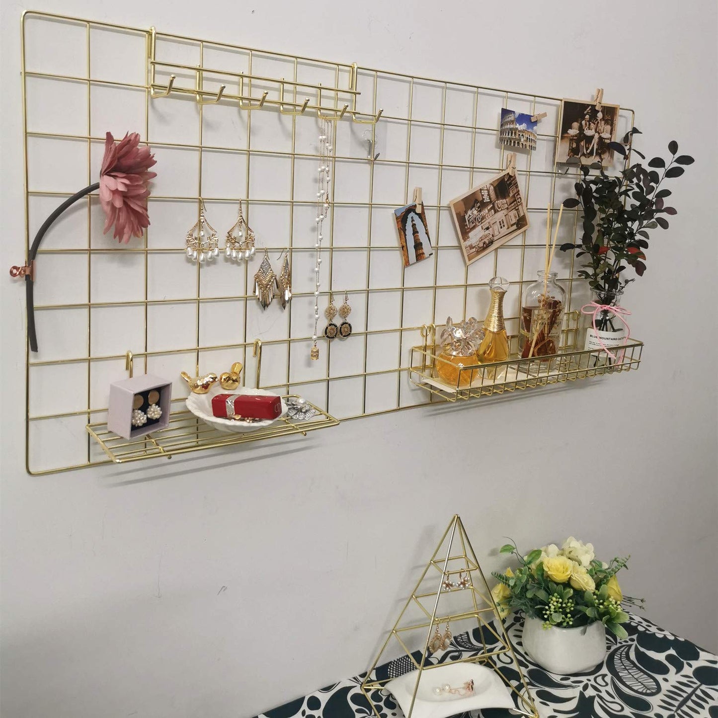 Yash Metal Wire Grid Panel, Display Organizer, Postcard, Wall Artwork Display for Home Office Living Room Dorm Room, Kitchen Storage Grid Wall, 37.4" X 17.7", Pack of 2 Pcs, Gold