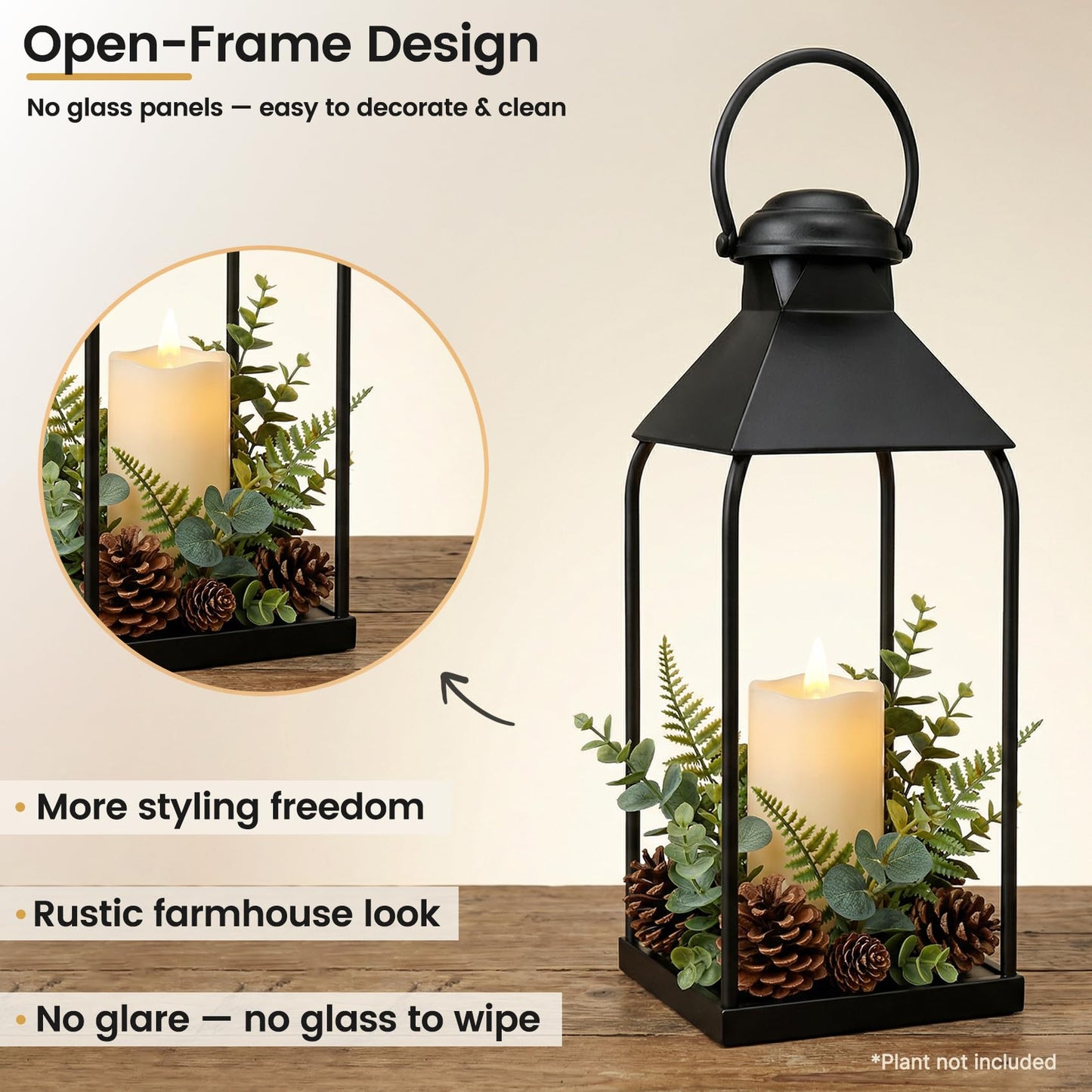 Decorative Metal Lanterns Indoor Outdoor, Set of 3 Farmhouse Lantern Holders Without Candles for Porch, Patio, Fireplace, Floor, Wedding & Holiday Table Centerpiece (Black, 20" 15.7" 12")