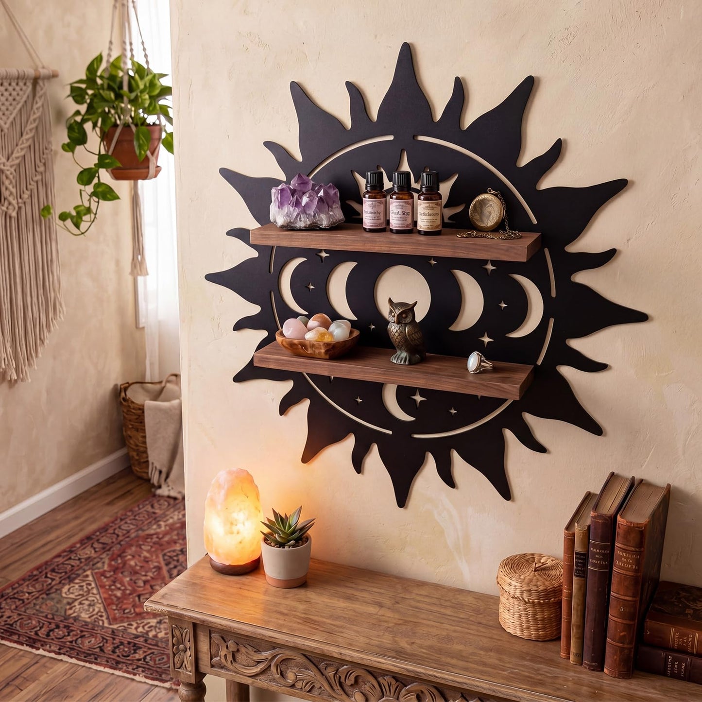 Moxweyeni Crystal Display Shelf for Wall, Wooden Lotus Floating Shelf with Iron Backing Crescent Moon Boho Wall Hanging Storage Organizer Decorative Trinket Holder for Stones Gems Home Décor