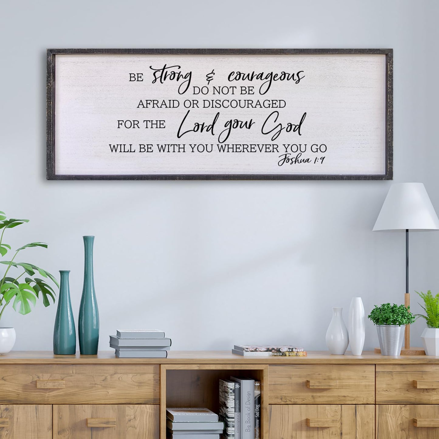 Be Strong And Courageous Sign Wall Decor 40"x15" Large Farmhouse Living Room Plaque Joshua 1:9 Bible Verse Inspirational Quote Positive Faith Home Hanging Rustic Catholic Scripture Christian Art (Black)
