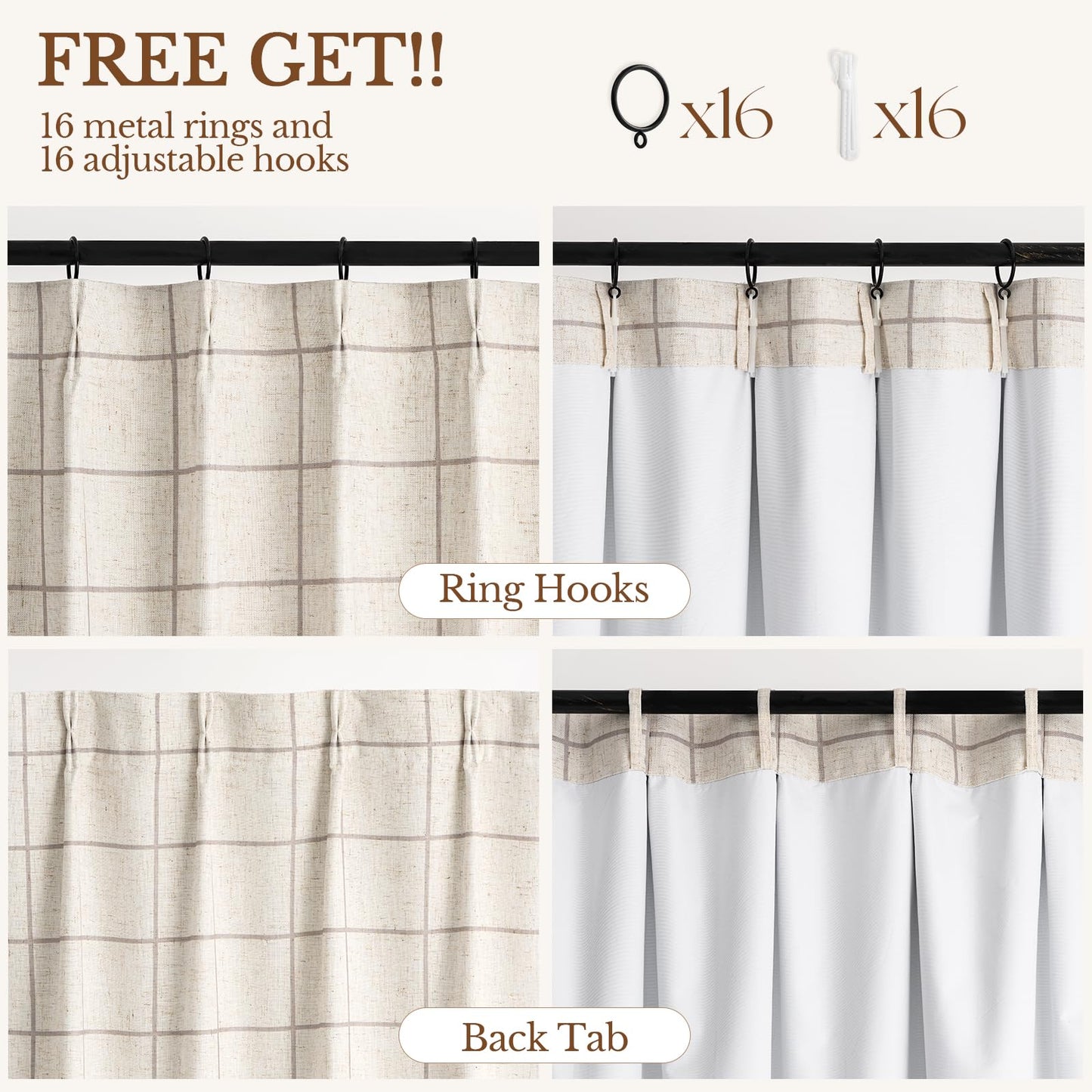 THREE GIRLS Pinch Pleated Plaid Curtains Blackout Linen Gingham Curtains for Living Room,Bedroom Checkered Patterned Insulated 84 Inches Long Double Layer 2 Panels Set Printed Design Darkening