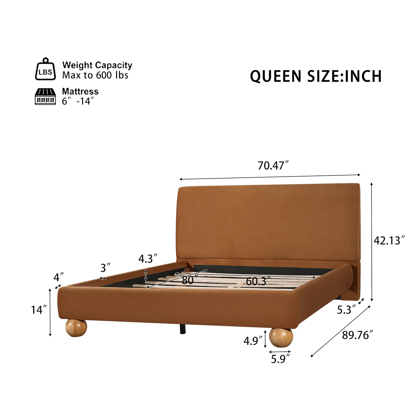 Christopher Knight Home Noko Velvet Upholstered Queen Bed Frame with Headboard, Platform Bed Frame Queen Size and Round Solid Wood Legs, Wooden Slats Support Bedframe, No Box Spring Needed, Brown