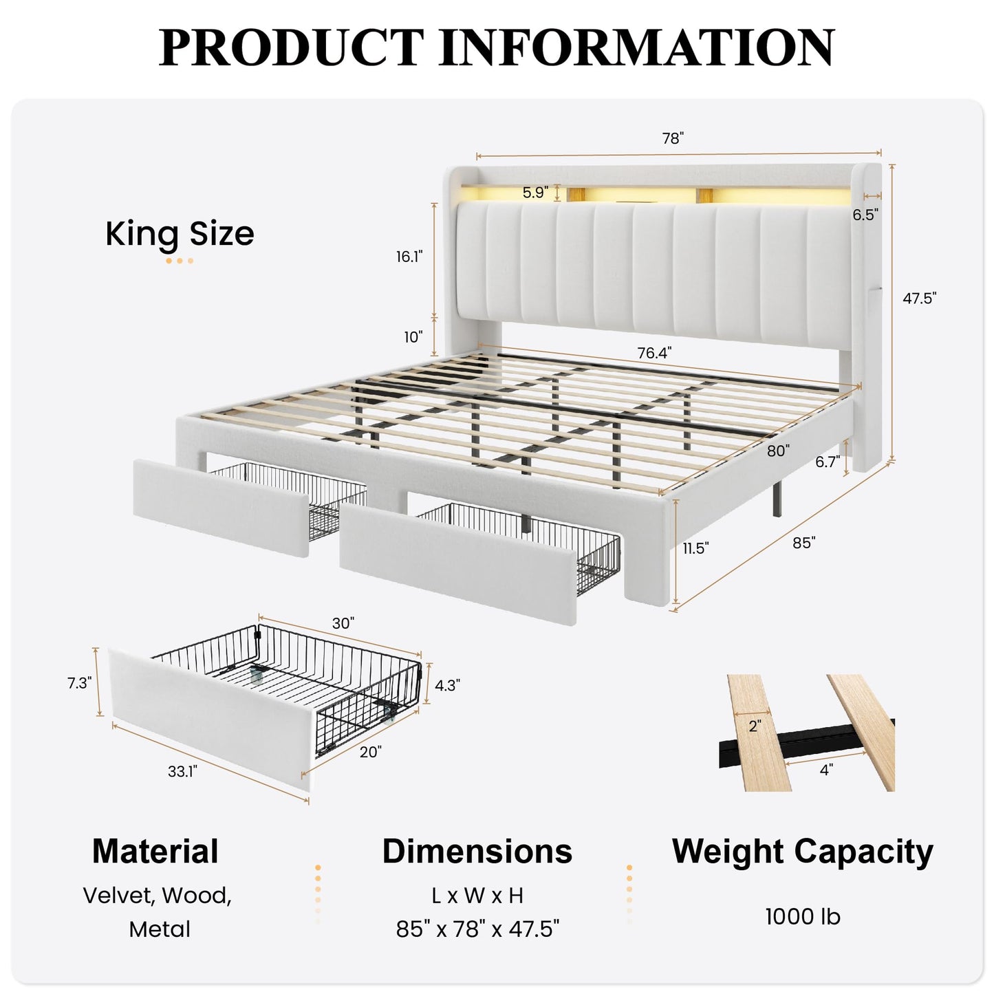 SHA CERLIN Velvet King Size Bed Frame with Vertical Channel Tufted Wingback Headboard & 2 Storage Drawers/2-Tier Shelves with LED Lights & Charging Station/Noise-Free/No Box Spring Needed/White