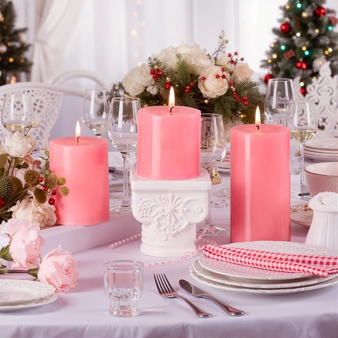KONNI Pink Pillar Candles Set of 3, 3"x 4" Unscented Pillar Candles Bulk, 39 Hours Long Burning Candles, Smokeless&Dripless Large Round Candle for Wedding, Home Decoration, Parties, Spas, Dinner