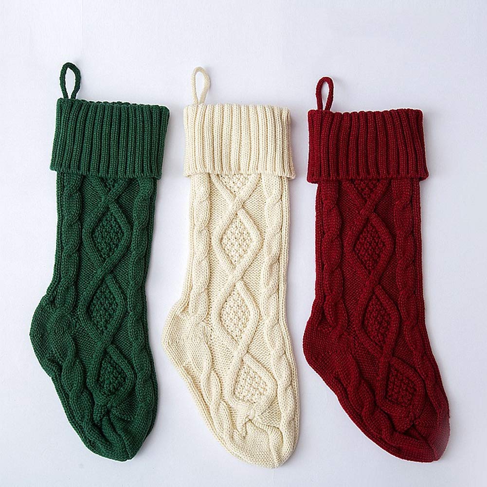 Meiosuns Christmas Stockings Cable Knit Stocking Christmas Decorations Goodie Bags Gift Fireplace Xmas Tree Stocking Ornaments for Holiday Family Friends (Green, Length 18",Pack of 1)