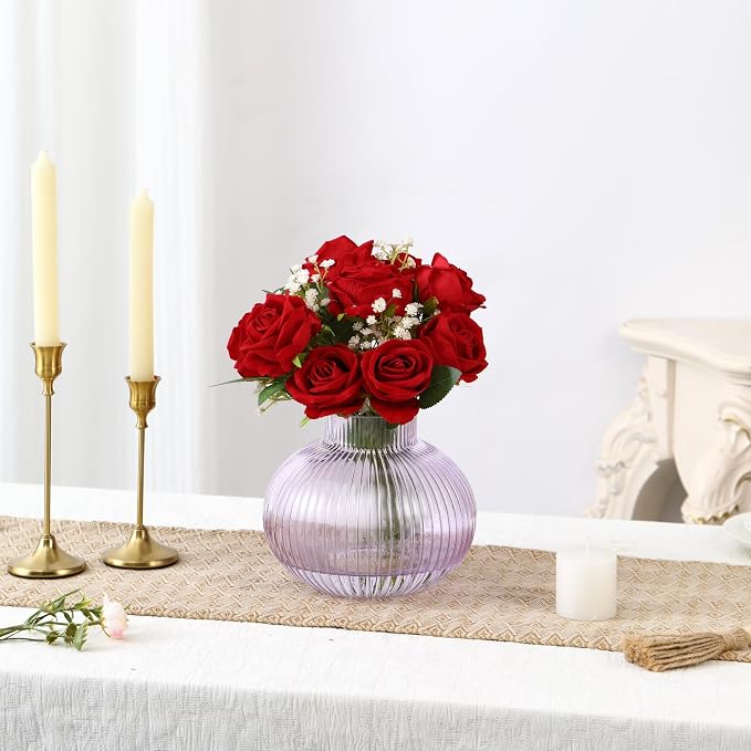 Purple Glass Vase, Flower Vases for Bouquet, Ribbed Glass Vases for Flowers, Small Purple Vase for Living Room, Office, Coffee Table, Shelf, Wedding, 6 Inches
