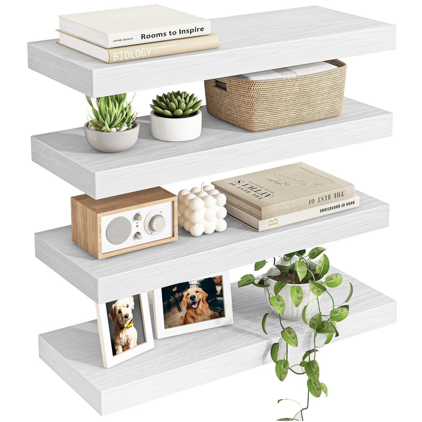 Fixwal White Shelves for Wall, 15.8in Rustic Wood Finish Floating Wall Shelves Set of 4, Shelves for Wall Decor, with Invisible Brackets for Bathroom, Living Room,Bedroom and Kitchen