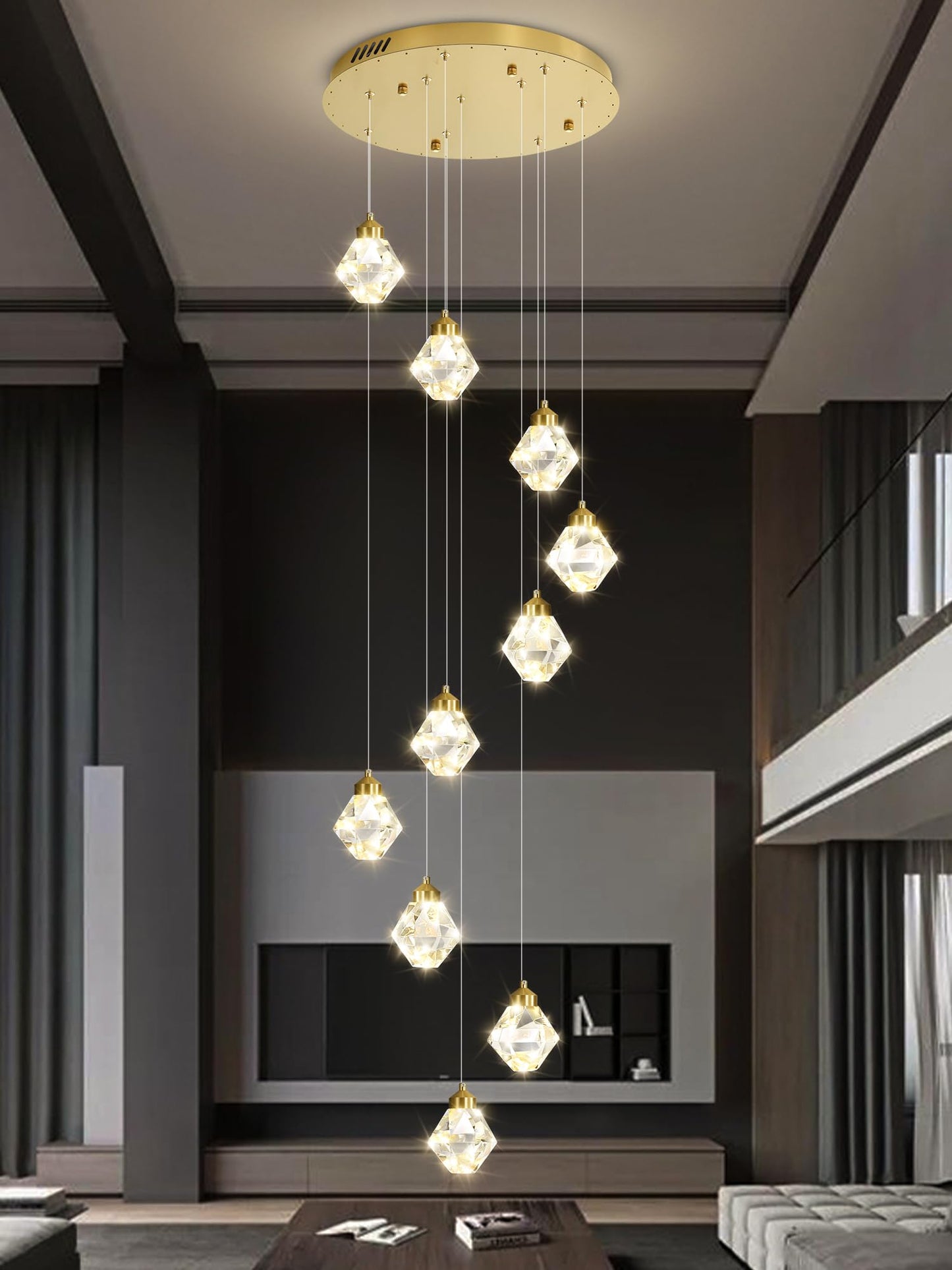 Shial Lighting 10-Light Modern Chandelier for Entrance Crystal Chandeliers for Living Room Gold Pendant Light Fixture Staircase Chandeliers for High Ceilings Dimmable LED Hanging Light with Remote
