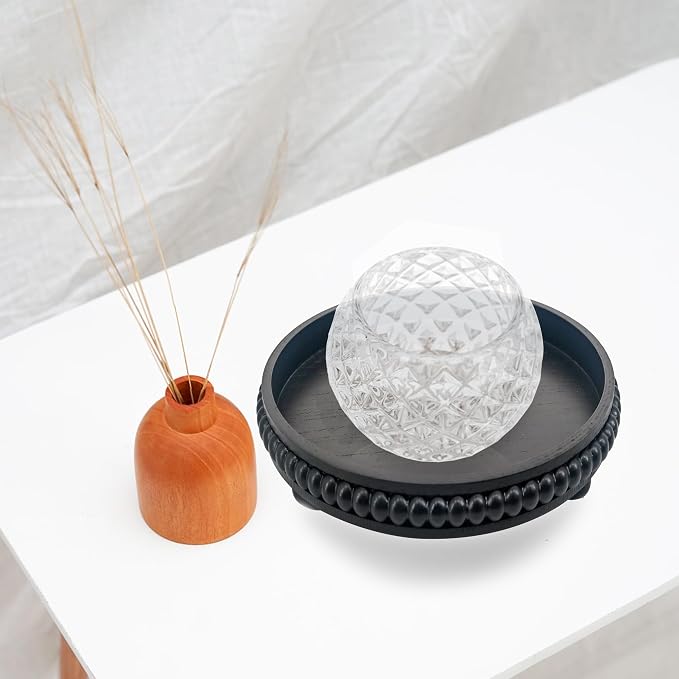 FramePro Decorative Tray 12in Round Wood Beaded - Black Serving Tray Risers for Living Room, Coffee Table, Kitchen or Farmhouse Display