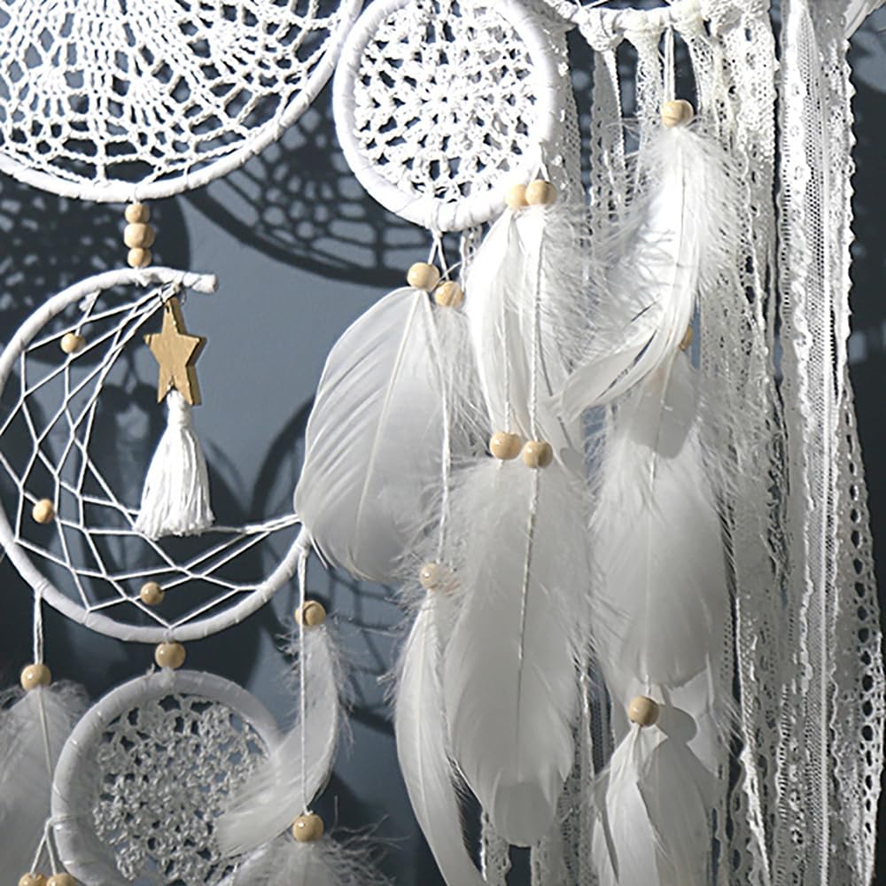 Handcrafted Dream Catcher Wall Decor Set, 5 Pieces, Round Shape, 10 Inch Diameter, Cotton and Feather, Art Deco Style, Moon and Star Design, Indoor Hanging Ornaments (5, White)