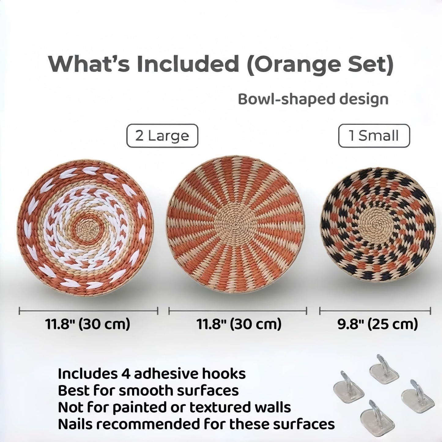 Pwryon Deosur 3PCS Boho Wall Basket Decor – Handmade Bulrush Woven Tray Baskets for Wall Hanging, Rustic Farmhouse Wall Art for Living Room & Bedroom (Orange)