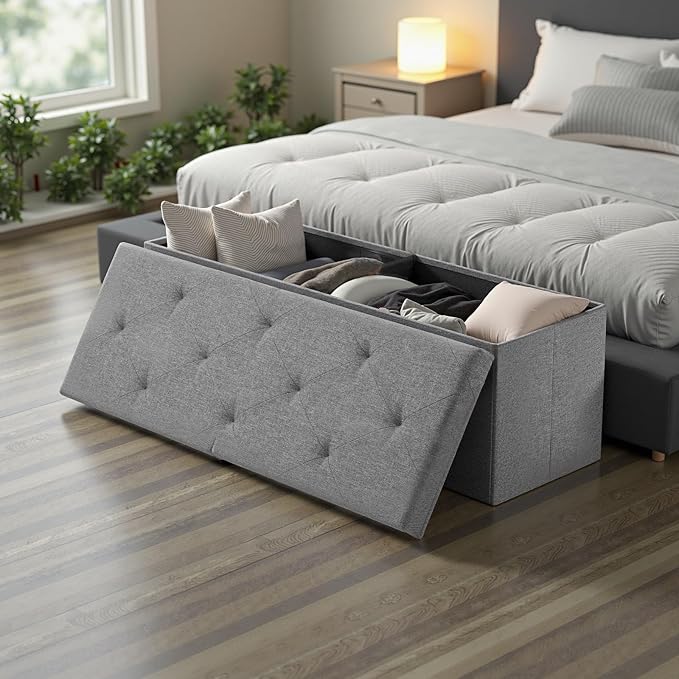Sweetcrispy 43 Inch Folding Storage Ottoman Bench, Large Hidden Storage Chest with Padded Seat, Foot Rest Stool Supports Up to 660Lbs, End of Bed Bench for Bedroom, Living Room, Linen Fabric, Grey
