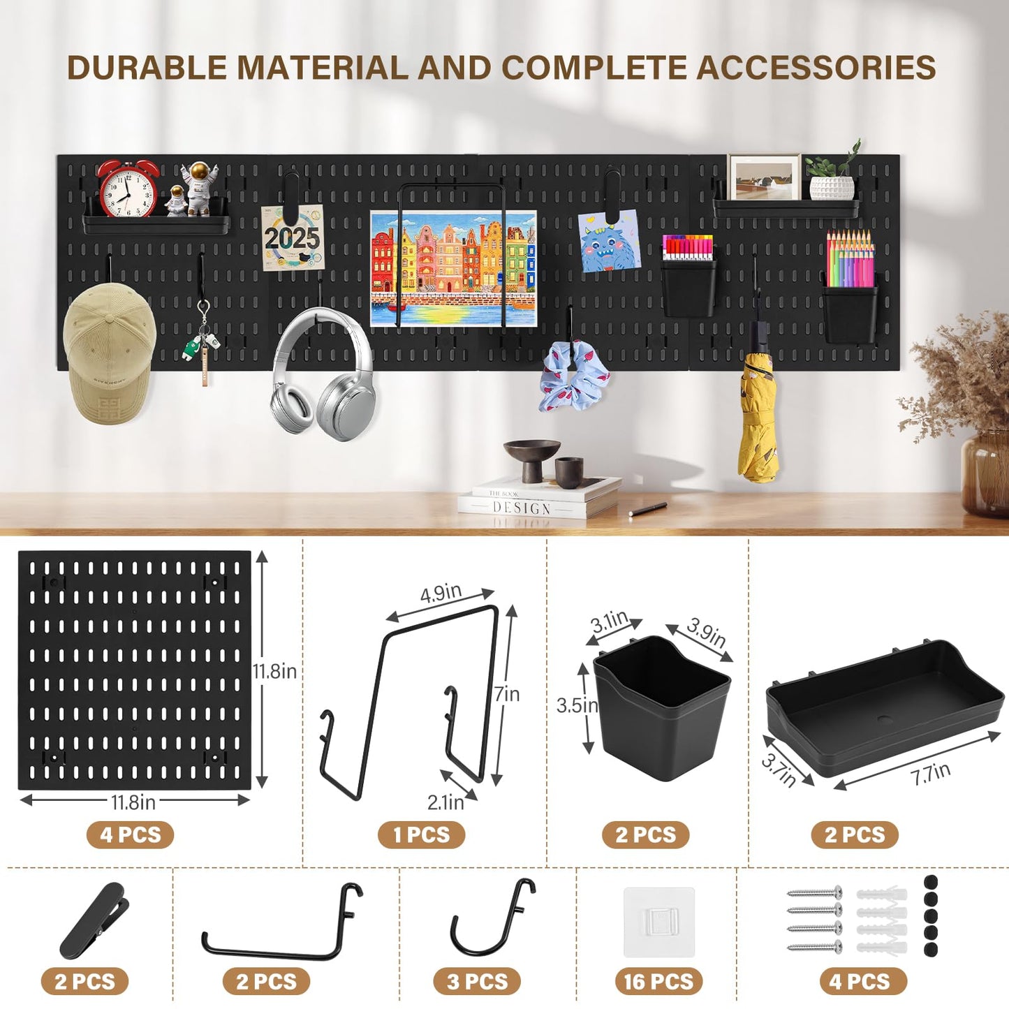 AKTOP Peg Board Wall Organizer 4-Pack – 12"x12" Black Pegboard Combination Kit with 13 Accessories for Wall, Plastic Peg Board Panels for Home, Office, Garage Tool Storage & Craft Room
