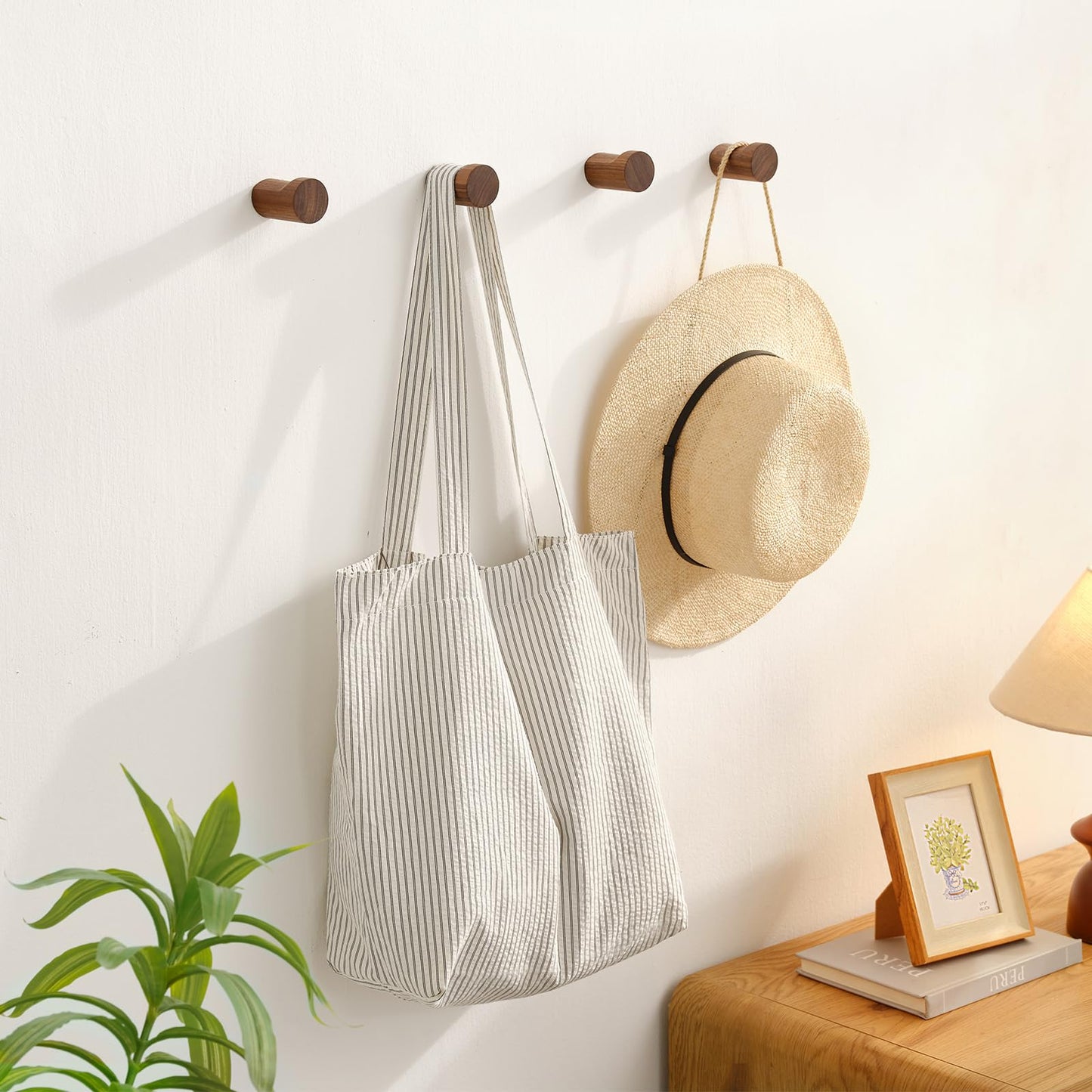 WOVRAN Wood Wall Hooks for Hanging, 6 Pack Rustic Coat Hooks Wall Mount, Handmade Wooden Pegs Hat Hook, Entryway Walls Hanger for Coat Purse, Boho Bathroom Towel Rack (Walnut Wood)