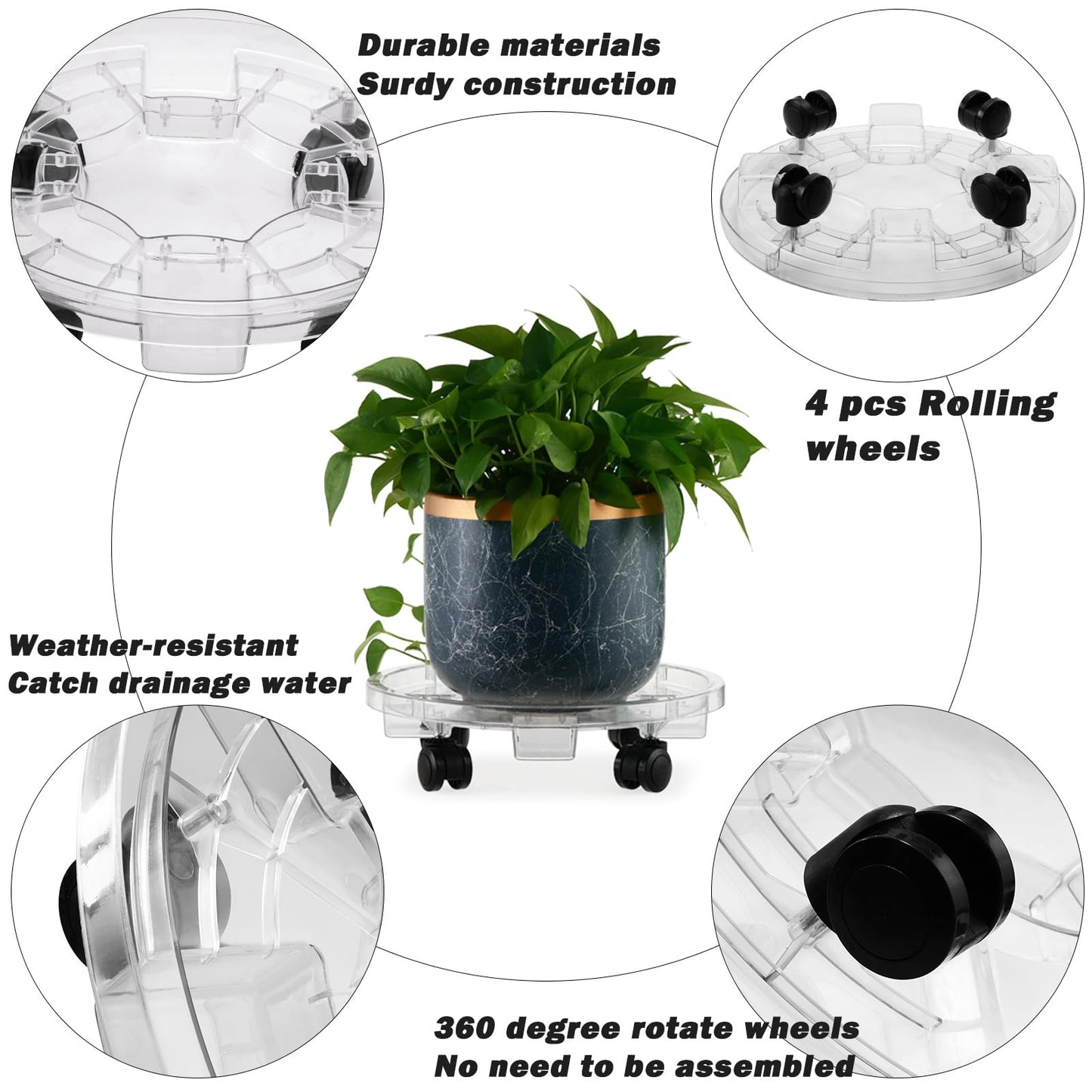 KvyusFlourish 4 Packs 11.8 Inches Large Clear Plant Caddy Plant Saucers on Wheels Rolling Plant Stands Heavy-duty Plant Dolly Plastic Planter Roller Base Pot Movers Outdoor Plant Tray Coaster