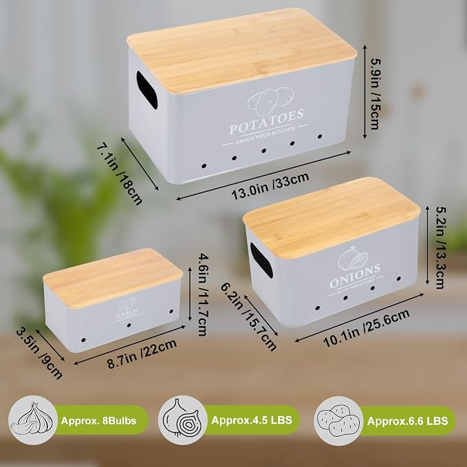 Kitchen Vegetable Storage Set of 3, Metal Onion Garlic Potato Storage Set, Kitchen Canisters Vegetable Keeper Containers with Aerating Holes and Bamboo Lid,Grey