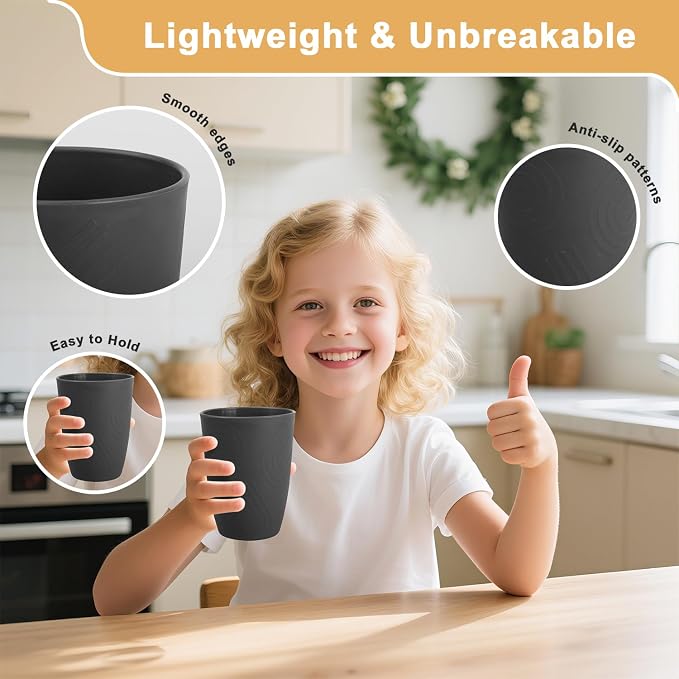 Wheat Straw Cups Sets of 6, Plastic Cups Reusable, Drinking Cup for Kitchen, Small Kids Cup, Unbreakable Water Cup, Dishwasher Safe Plastic Glasses for Kitchen, Camping, School (Black)