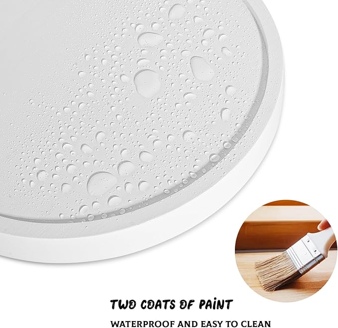Round Decorative Tray Wood Bathroom Counter Organizer Farmhouse Kitchen Decor Wooden Riser for Soap Dish, Perfume, Candle, Sponge, 10" - White