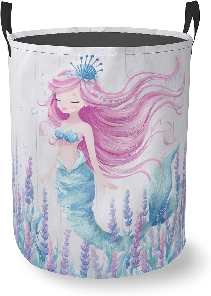 Mermaid Laundry Basket With Handles Tote Bag Oxford Cloth Funny Laundry Hamper Clothes Storage Bucket Toy Organizer 16" X 20.8"For Bathroom/Laundry/Bedroom