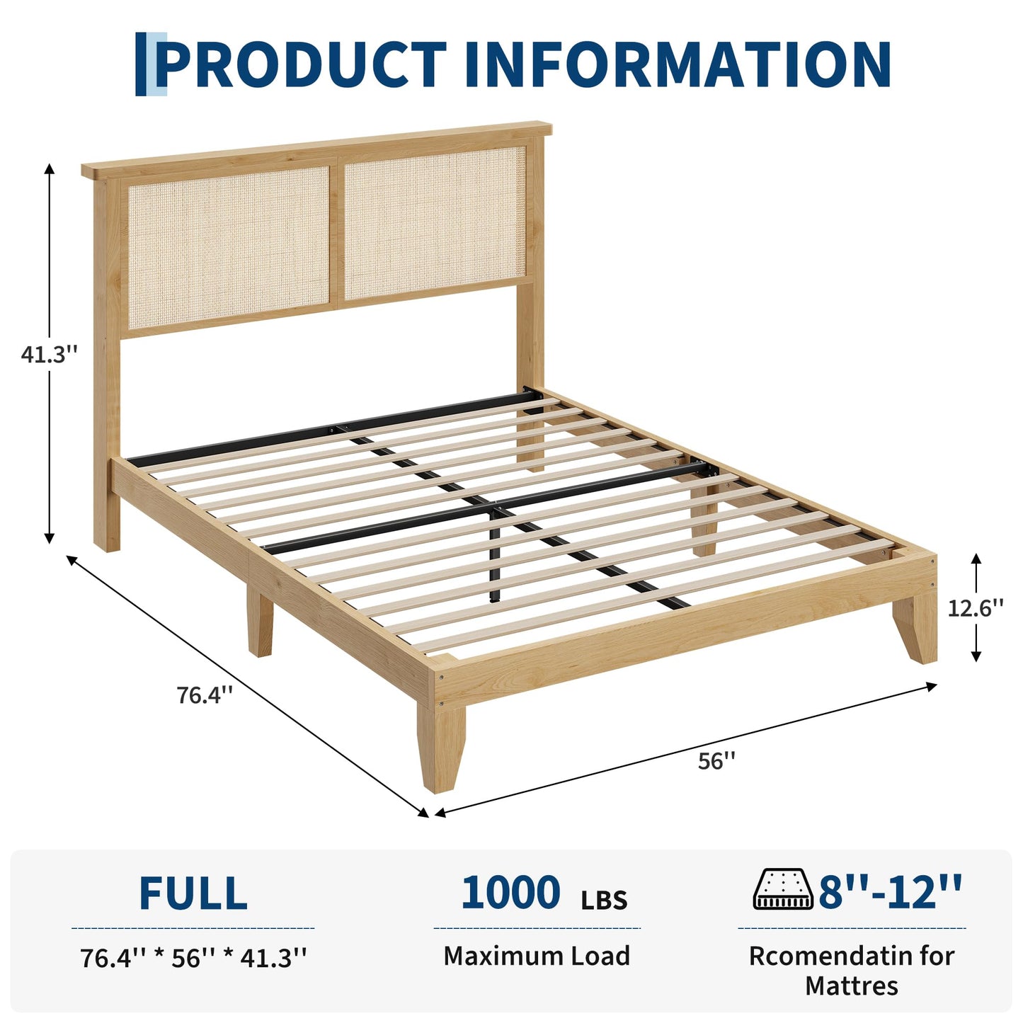 IDEALHOUSE Rattan Bed Frame Full Size with Natural Rattan Headboard & LED Lights, Wood Full Bed Frame with Solid Wood Foundation, No Box Spring Needed, Natural