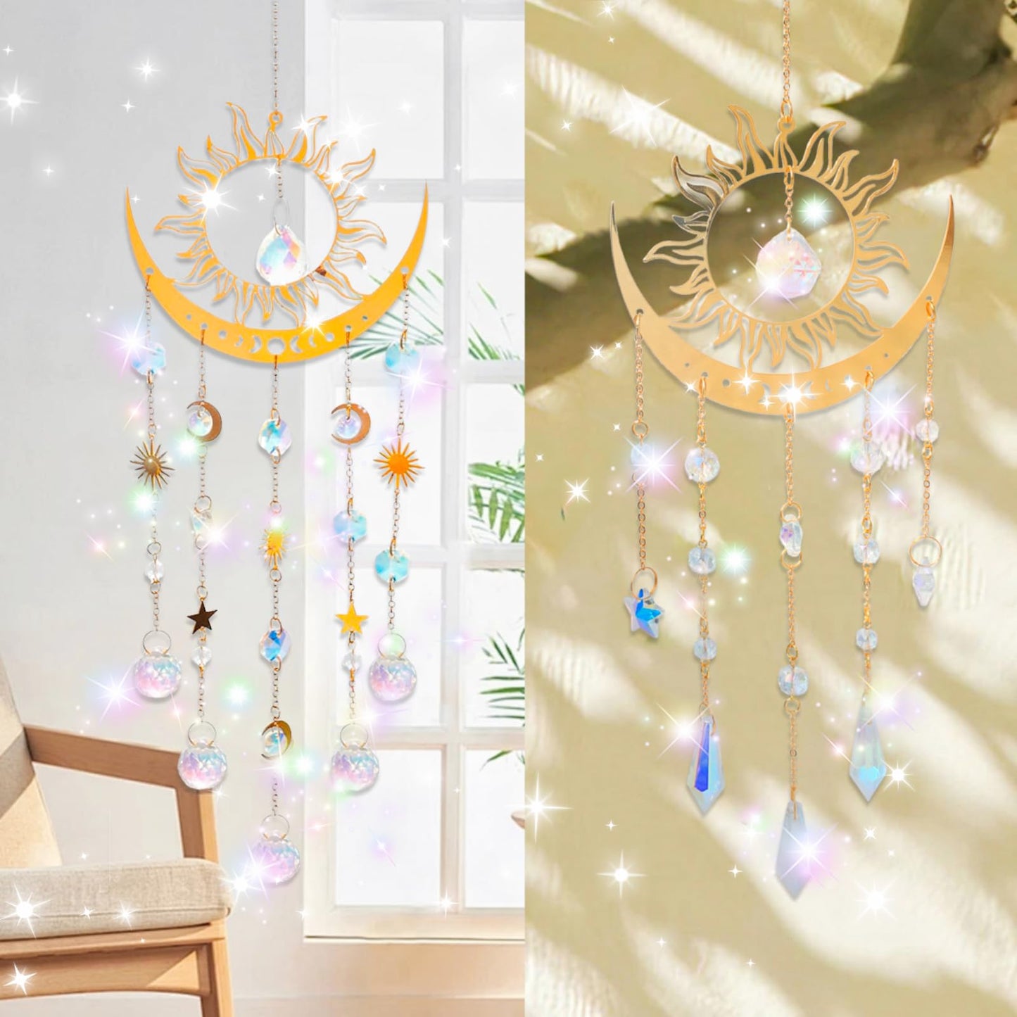 Artilady Sun and Moon Suncatcher - Large Crystal Wind Chimes for Outside Stained Glass Window Hanging Prisms Garden Backyard Ceiling Room Decor Christmas Housewarming Birthday Gift for Girls