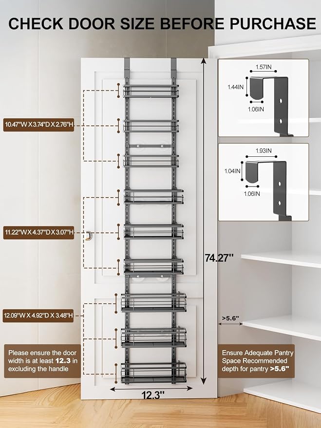 Delamu 9-Tier Over the Door Pantry Organizer, Adjustable Pantry Door Organizers and Storage, Metal Hanging Basket Wall Spice Rack Seasoning Organizer, Door Organizer Kitchen Bedroom Bathroom,12"Black