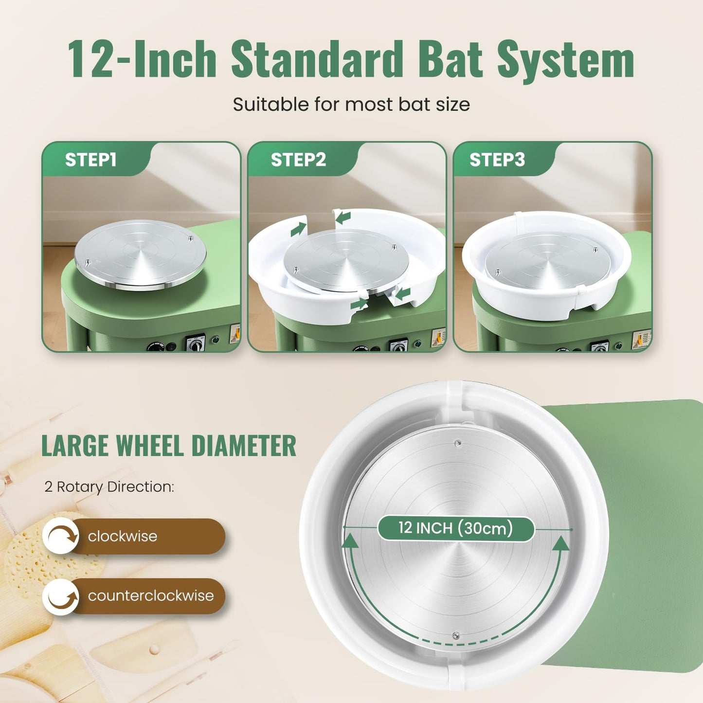 Huanyu Pottery Wheel Machine, 12-Inch Bat System Manual & Foot Pedal Control Electric Ceramic Wheel Forming Machine Art Clay DIY Sculpting Tool Kit (Green)