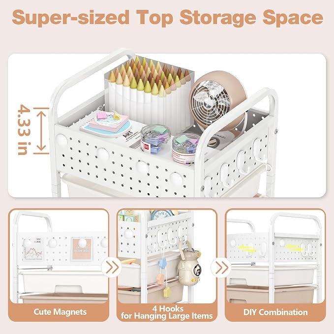 4 Drawer Rolling Storage Cart with Pegboard Top and Hooks, Mobile Organizer Cart with Wheels for Office Supplies, Craft Storage, Classroom Organization, Home Utility Cart, Brown