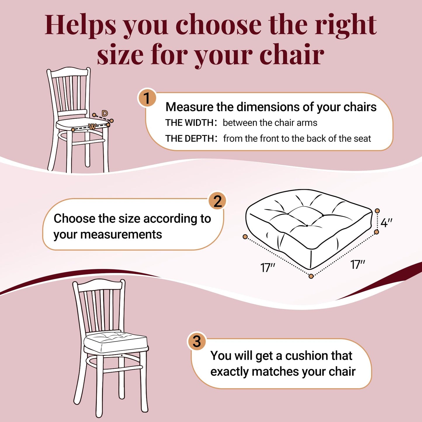 Basic Beyond Chair Cushions for Dining Chairs, Non-Slip Chair Pads, Thick Seat Cushions for Dining Room Chairs, Kitchen Chair Cushions Set of 4, 17" x 17" x 4", Burgundy