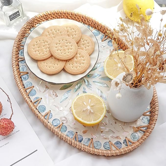 14.5 Inch Serving Tray for Coffee Table Ottoman Décor Tray for Living Room Mother of Pearl Inlay Rattan Centerpiece Tray for Candle Holder, Flower, Coffee, Bread, Fruit (Large)