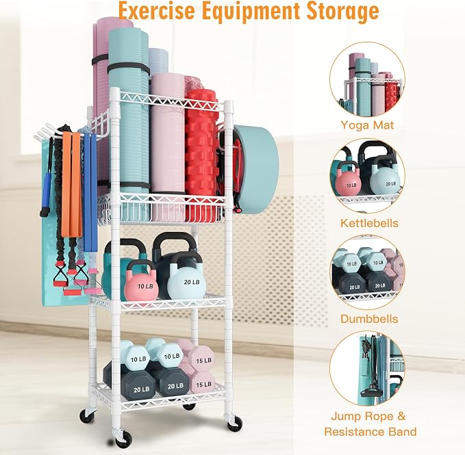 FUTASSI Home Gym Storage, 3 Tiers Workout Equipment Organizer with Wheels for Yoga Mats, Foam Roller, Dumbbells, Kettlebells, and Resistance Bands