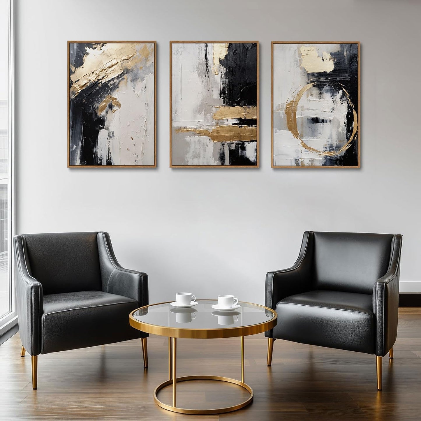 KISSFOX 3 Piece Framed Wall Art Abstract Wall Decor Black Gold Pictures Modern Canvas Art Large Luxury Paintings Artwork For Living Room Bedroom Office