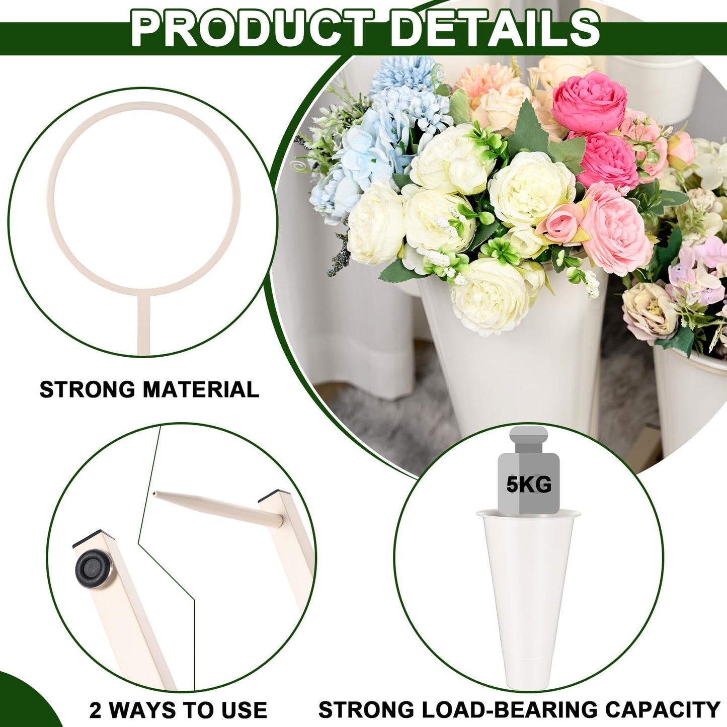 Flower Display Stand with Buckets, Metal Flower Bar Stand Rustic Farmhouse Florist Bouquet Holder Flower Cart Display Shelf for Outdoor Patio Garden Wedding Decor (Round)