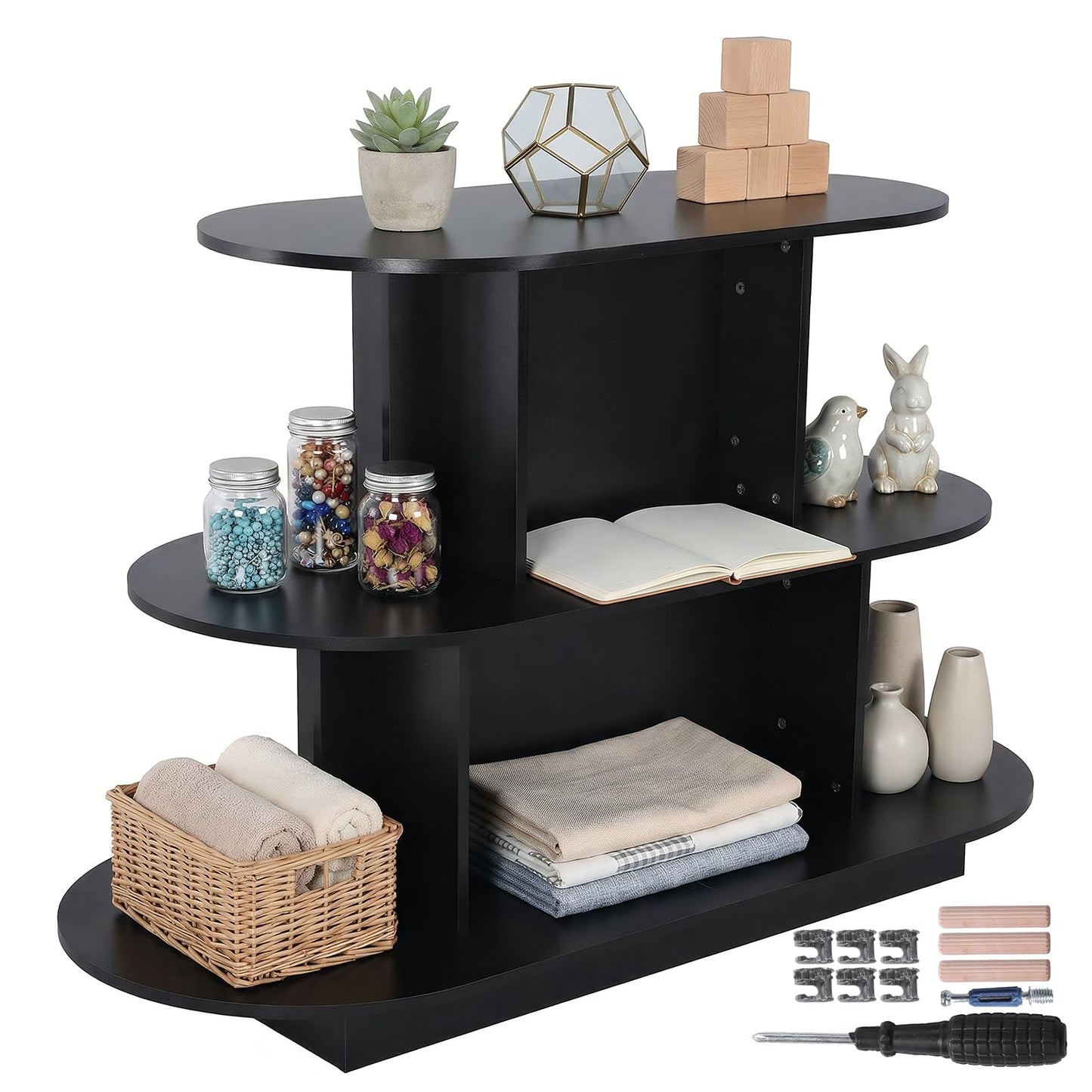 3 Tier Wooden Oval Display Table Large Storage Space Retail Table Modern Standing Display Riser Shelf for Stores Vendor Events 55in W x 23.6in D x 35in H (Black)