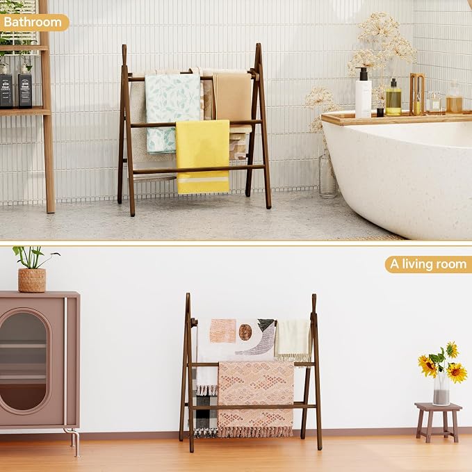Delywh 6-Tier Wide Double Blanket Ladder Wood, Rustic Decorative Towel Rack for Big Blanket, Towel, Quilt, Clothes, Freestanding Blanket Holder Towel Ladder Decor Stand for Living Room, Bedroom, Brown