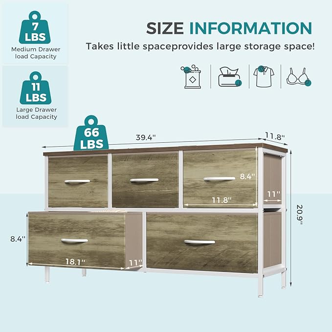 OLIXIS Dresser for Bedroom with 5 Drawers, Wide Chest of Drawers, Fabric Bedroom Dresser with Drawer Organizer, Storage Organizer Unit with Fabric Bins for Closet, Living Room, Hallway, Greige Oak