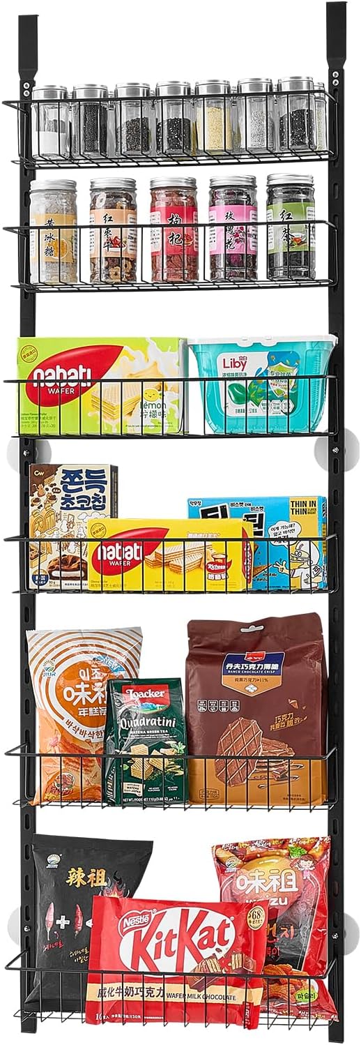 VEVOR Over the Door Pantry Organizer, 6-Tier Pantry Organization and Storage, Heavy-Duty Steel Hanging Spice Rack, Adjustable Wall Seasoning Shelves, for Home Kitchen Laundry Room Bathroom, Black