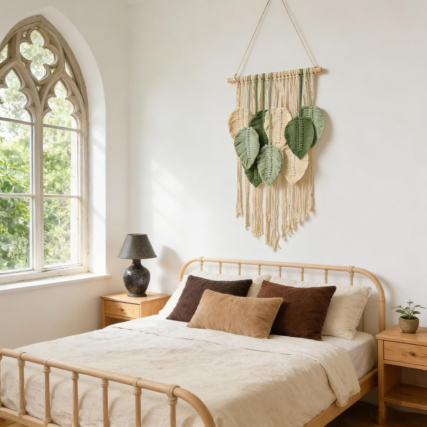 Macrame Wall Hanging Boho Wall Tapestry Handmade Woven Leaf Wall Decor Crochet Wall Art for Home Office Apartment (Green, 15.8" W X 31.5" L)