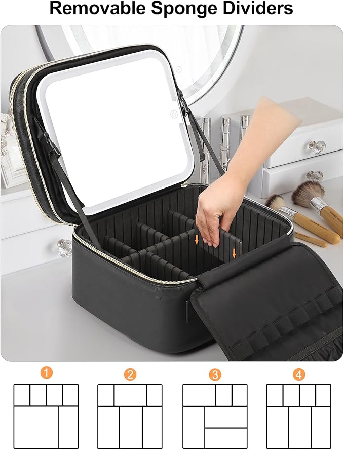 Relavel Makeup Bag with LED Mirror, Small Travel Makeup Case with Rechargeable Lighted Mirror 3 Color Lights, Double Layer Cosmetic Box Makeup Brush Lipstick Holder Organizer for Women, Black