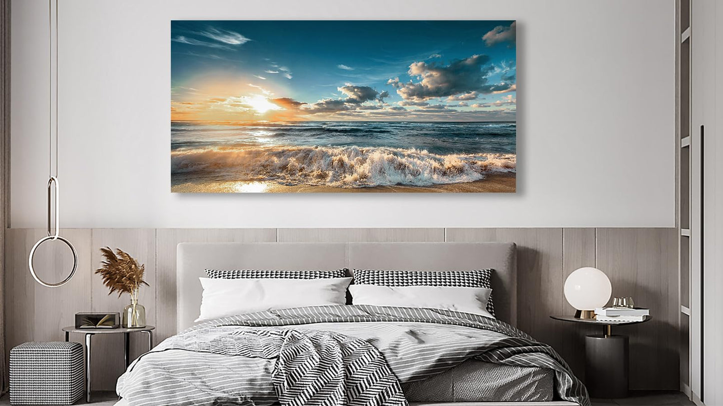 yearainn Sunset Beach Wall Art - Sea Beach Canvas Pictures Blue Ocean Wall Decor Coastal Waves Painting Nature Landscape Print Artwork for Living Room Bedroom Bathroom Home Office Decoration 24" x 48"