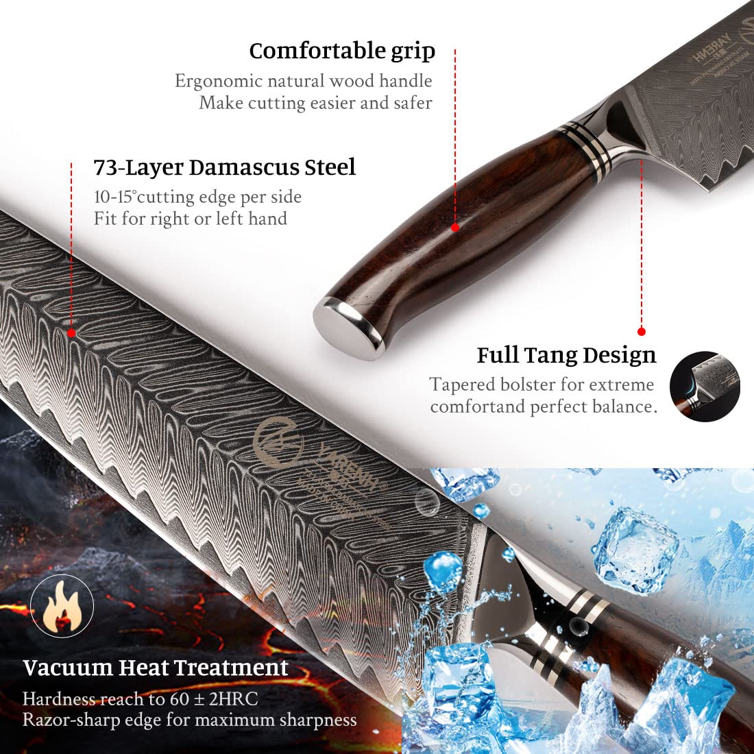 YARENH Knife Set with Magnetic Block 5 Piece, Professional Kitchen Knife Set, 73 Layers Damascus High Carbon Stainless Steel, Natural Sandalwood Handle, Sharp Chef Knife