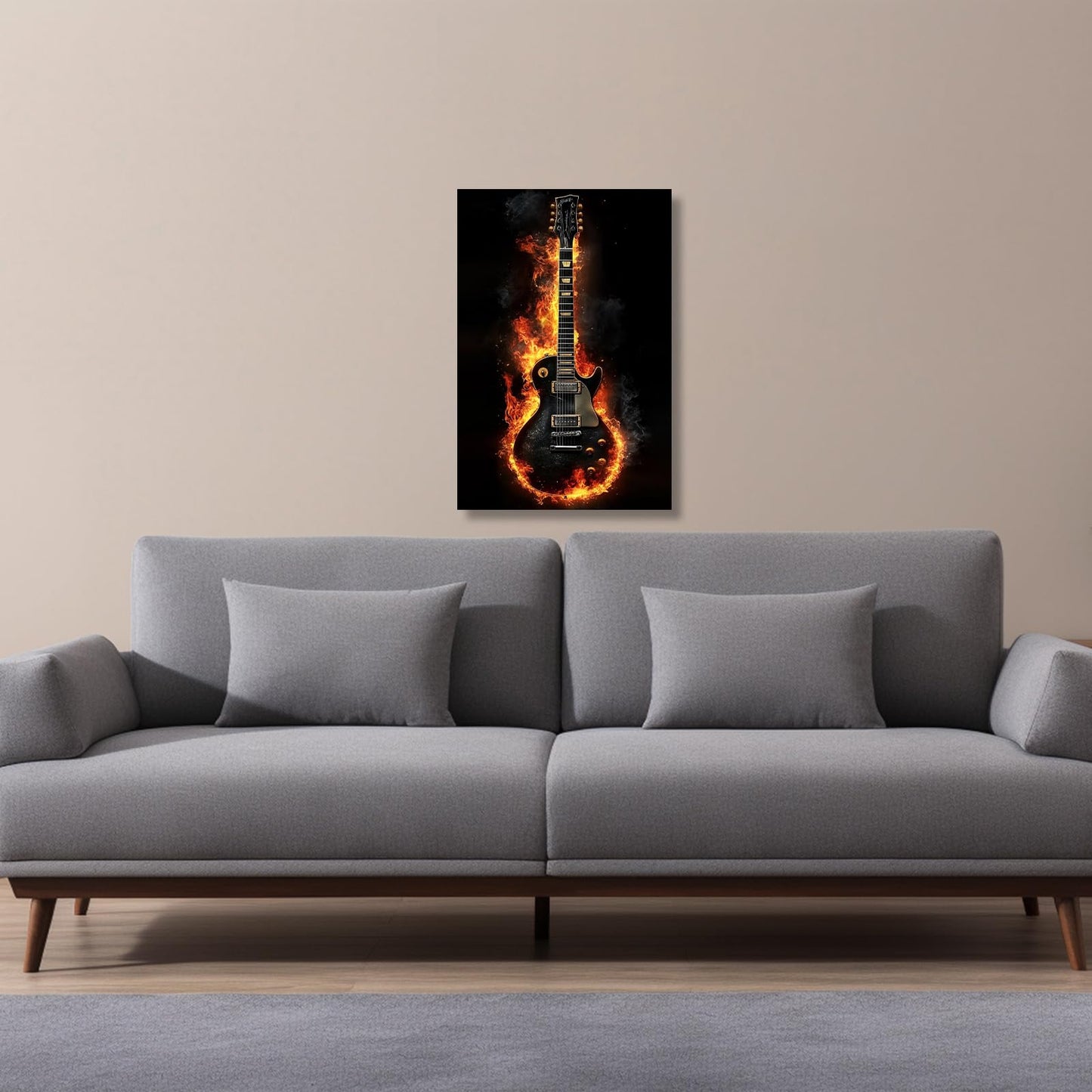ZSHARTSWD Guitar Canvas Wall Art Fire Burning Electric Guitar Picture Abstract Musical Instrument Poster Print Jazz Music Painting for Bedroom Bar Decor Framed (Black, 18L x 12W)